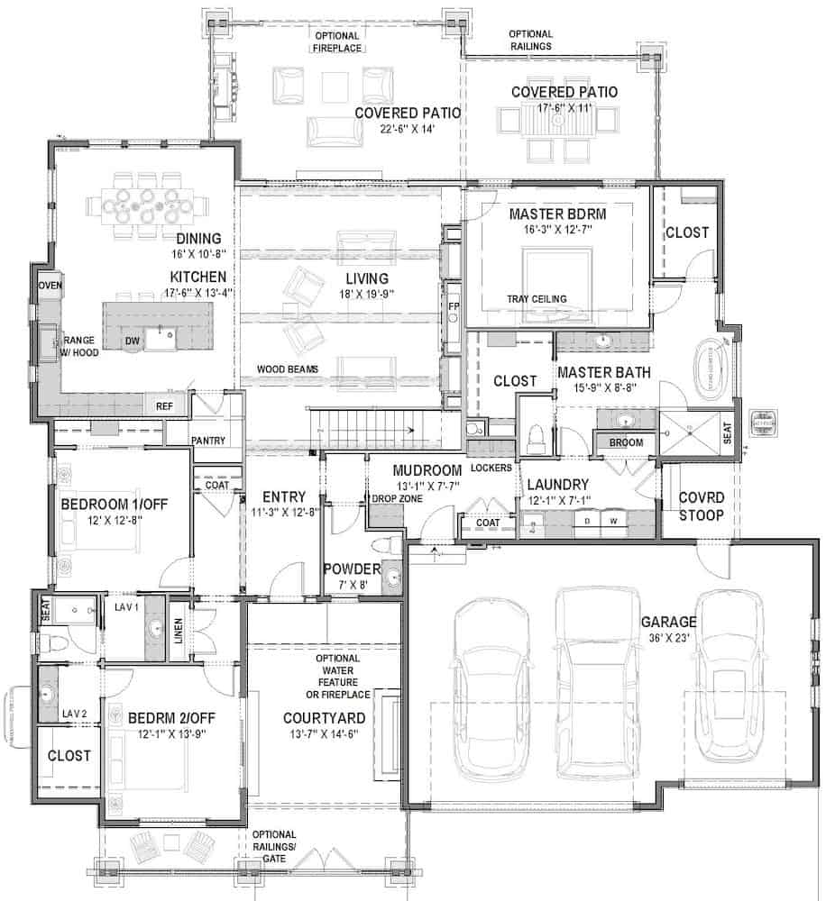 Floor Plan Main Level of Ranch Plan #194-1053