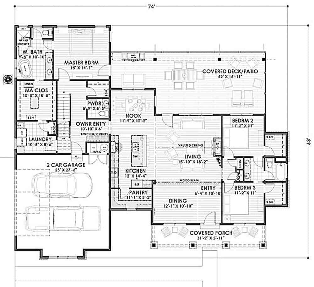 Floor Plan Main Level of Ranch Plan #194-1058