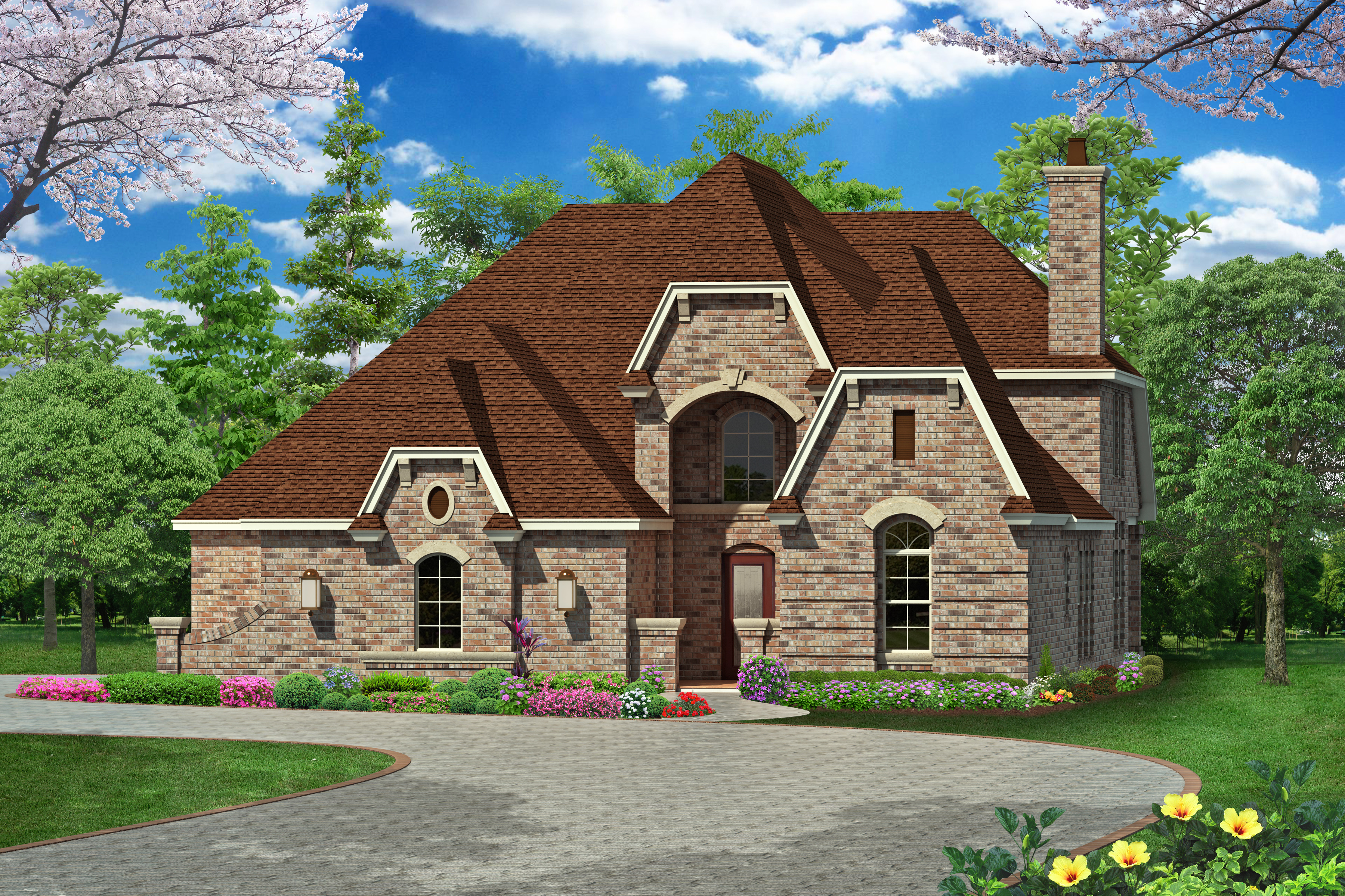 Front rendering of European style home plan (ThePlanCollection: House Plan #195-1002)