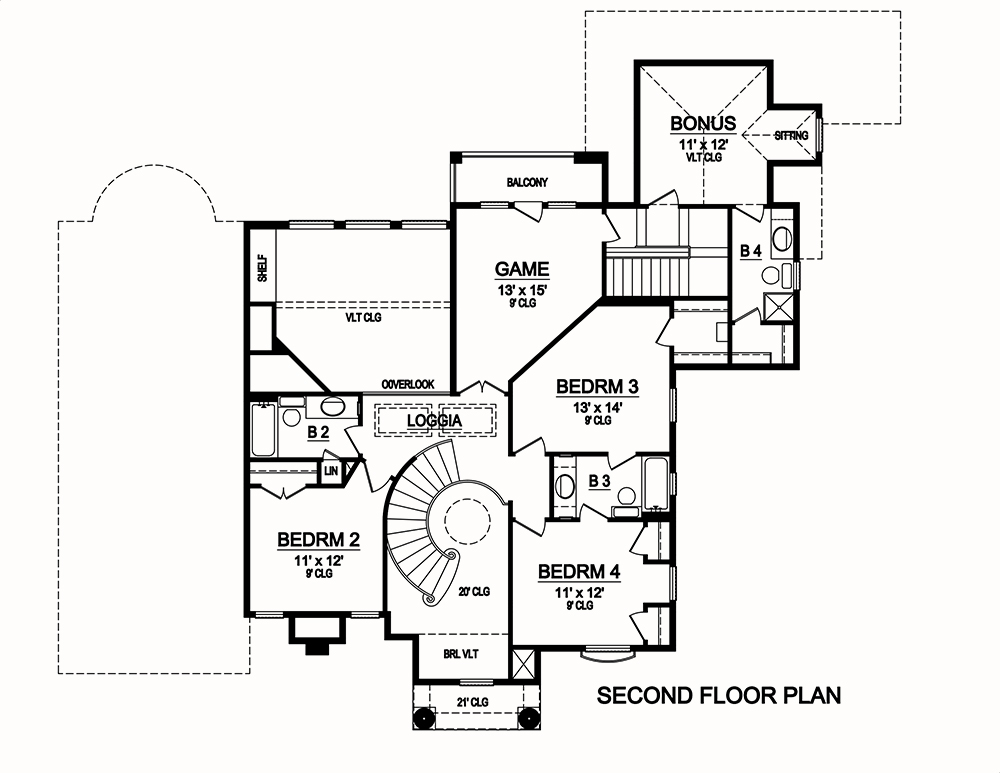 Floor Plan Second Story of Mediterranean Plan #195-1013