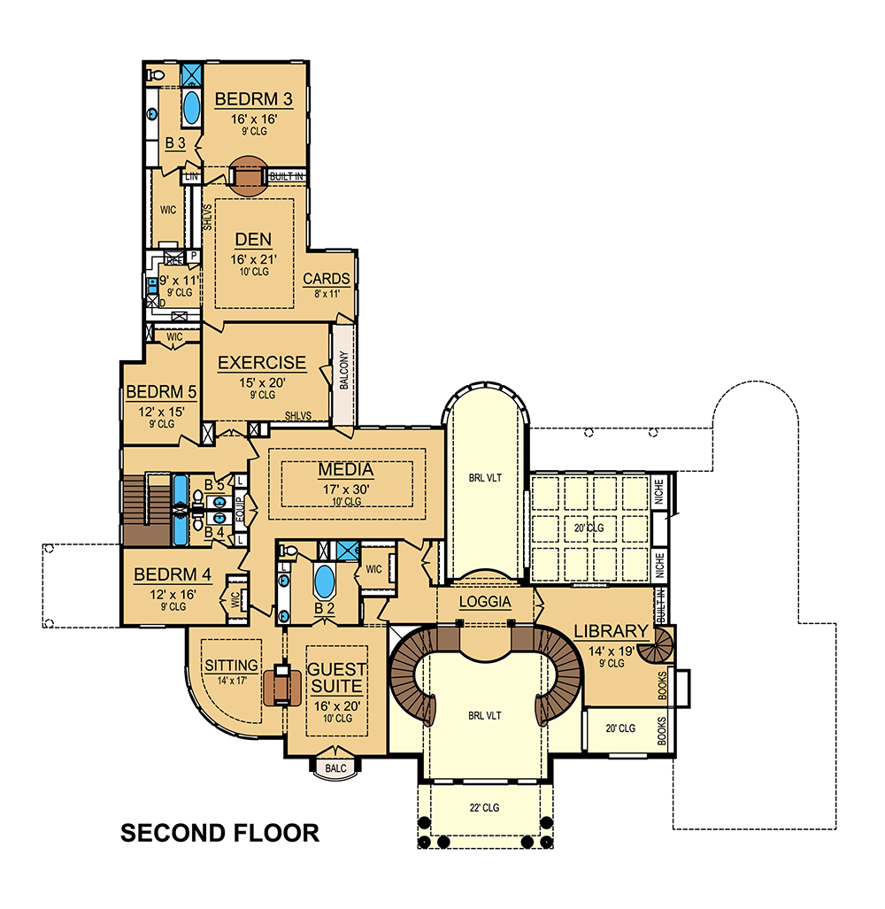 Floor Plan Second Story of Mediterranean Plan #195-1029