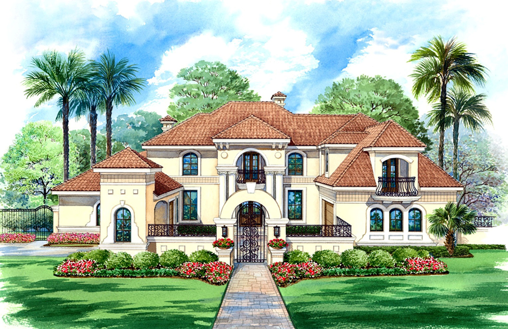 Front elevation of Mediterranean home (ThePlanCollection: House Plan #195-1033)