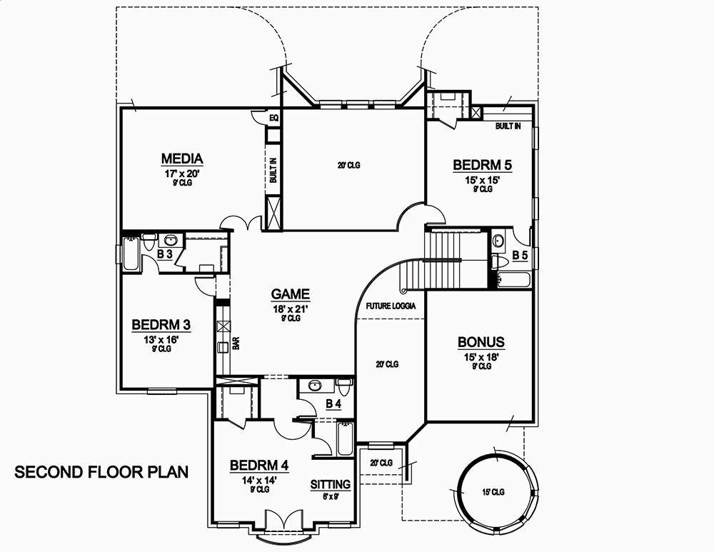 Floor Plan Second Story of Georgian Plan #195-1038