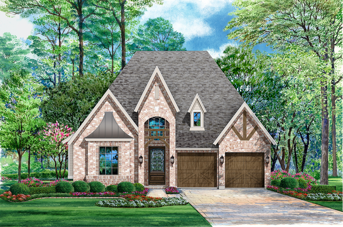 Color rendering of Tudor style home plan (ThePlanCollection: House Plan #195-1044)