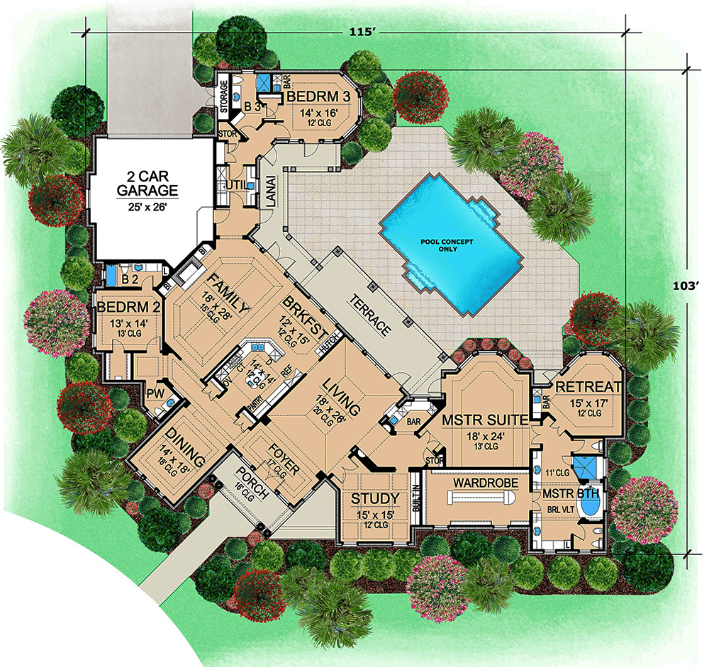 Floor Plan First Story of Mediterranean Plan #195-1051