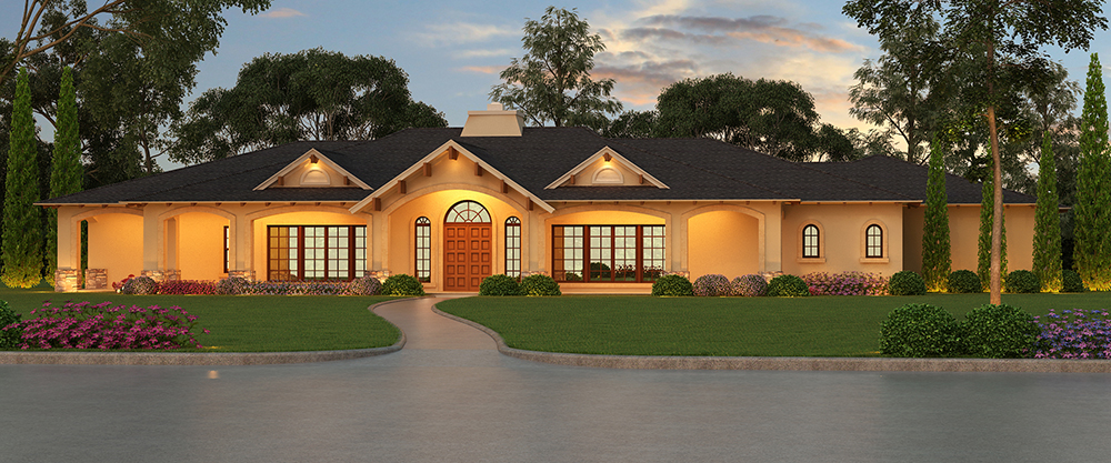 Front elevation of Tudor home (ThePlanCollection: House Plan #195-1055)