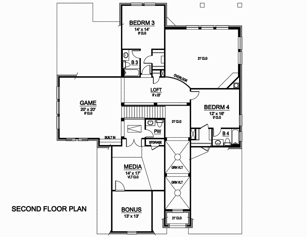 Floor Plan Second Story of European Plan #195-1057