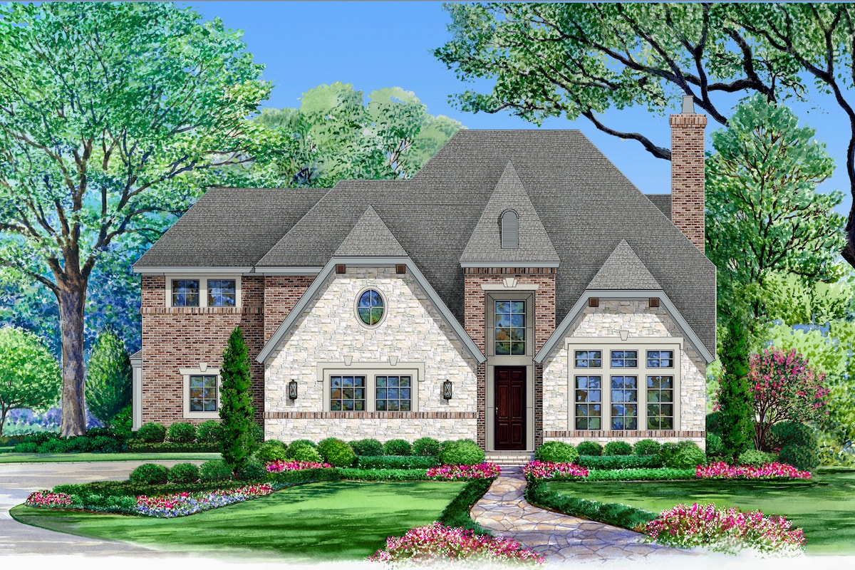 Color rendering of European home plan (ThePlanCollection: House Plan #195-1057)