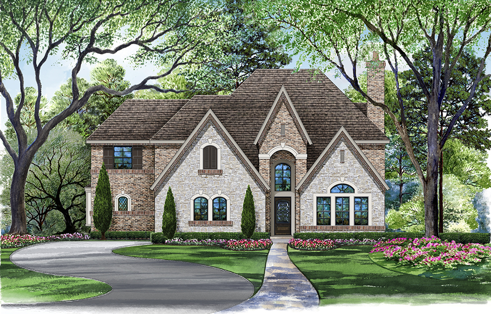 Front elevation of Tudor home (ThePlanCollection: House Plan #195-1058)
