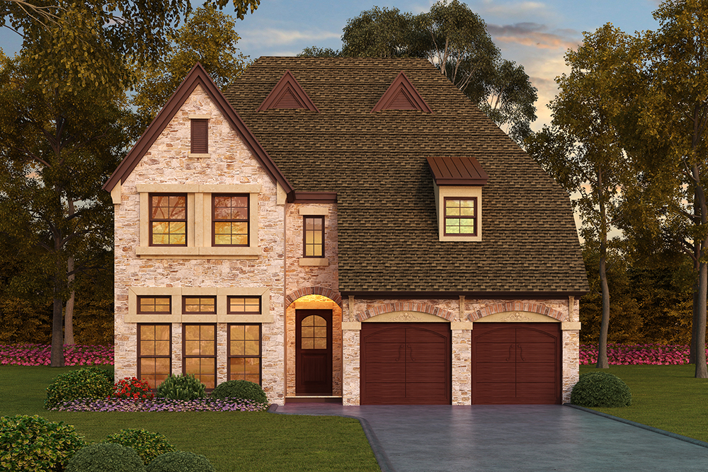 Front elevation of Tudor home (ThePlanCollection: House Plan #195-1059)