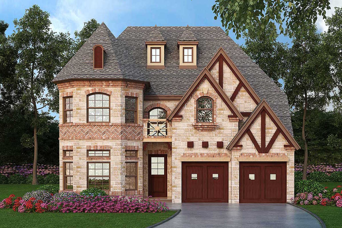 Front rendering of Tudor home plan (ThePlanCollection: House Plan #195-1060)