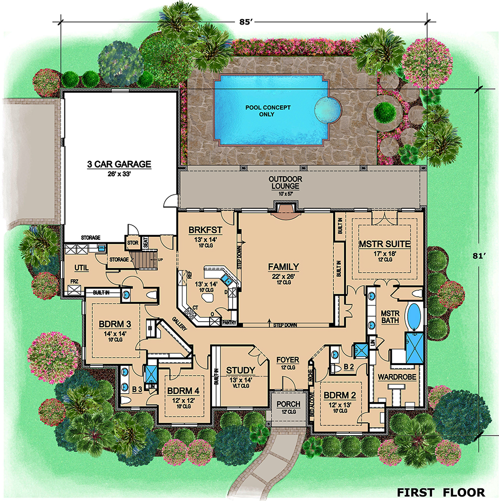 Floor Plan First Story of Tudor Plan #195-1063