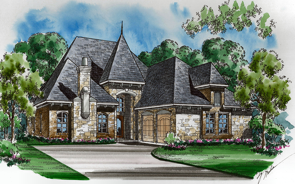 Front elevation of European home (ThePlanCollection: House Plan #195-1064)