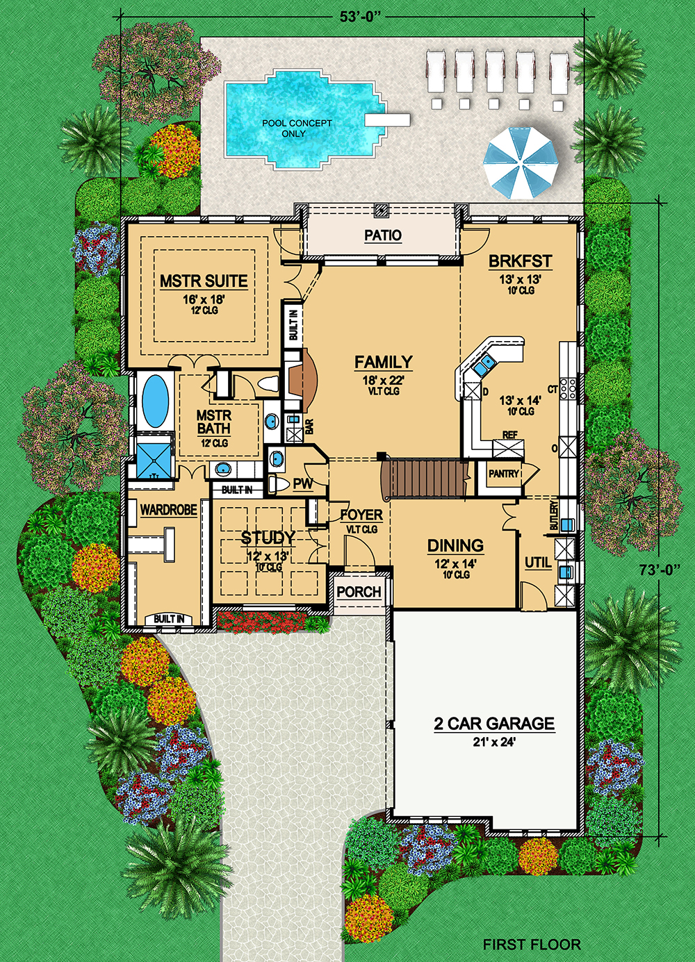 Floor Plan First Story of Tudor Plan #195-1067