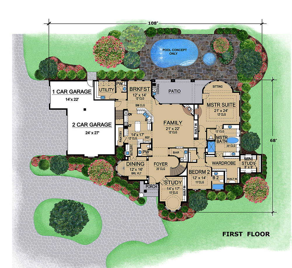 Floor Plan First Story of Mediterranean Plan #195-1070