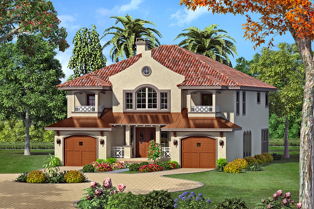 Front elevation of Mediterranean home (ThePlanCollection: House Plan #195-1071)