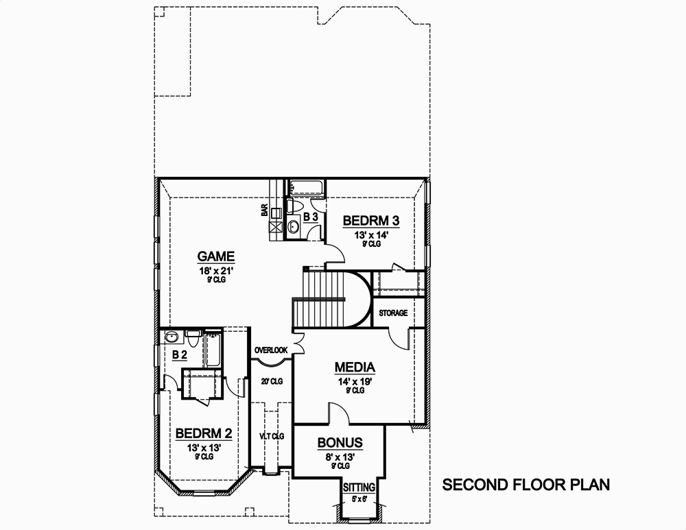 Floor Plan Second Story of European Plan #195-1073