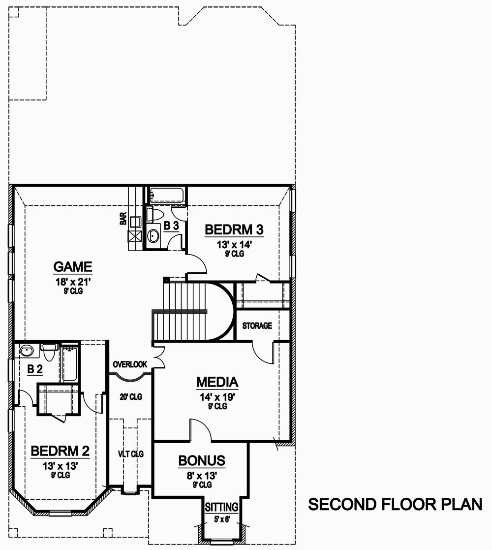 Floor Plan Second Story of European Plan #195-1075