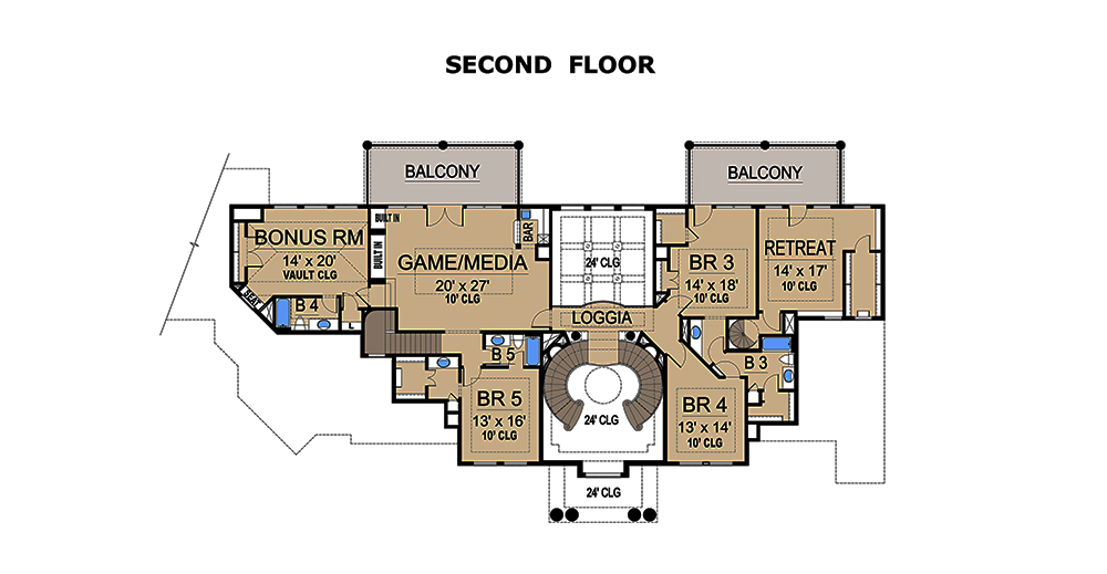 Floor Plan Second Story of Mediterranean Plan #195-1077
