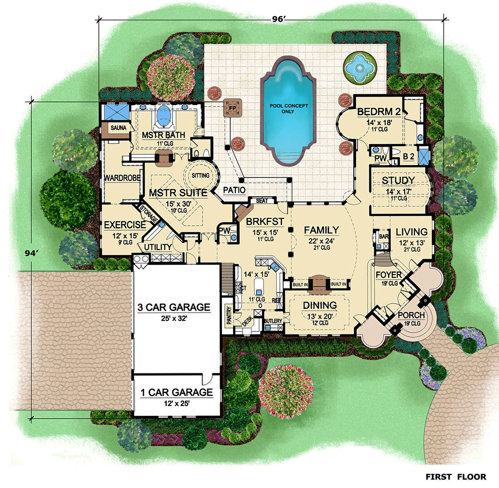 Floor Plan First Story of Mediterranean Plan #195-1081