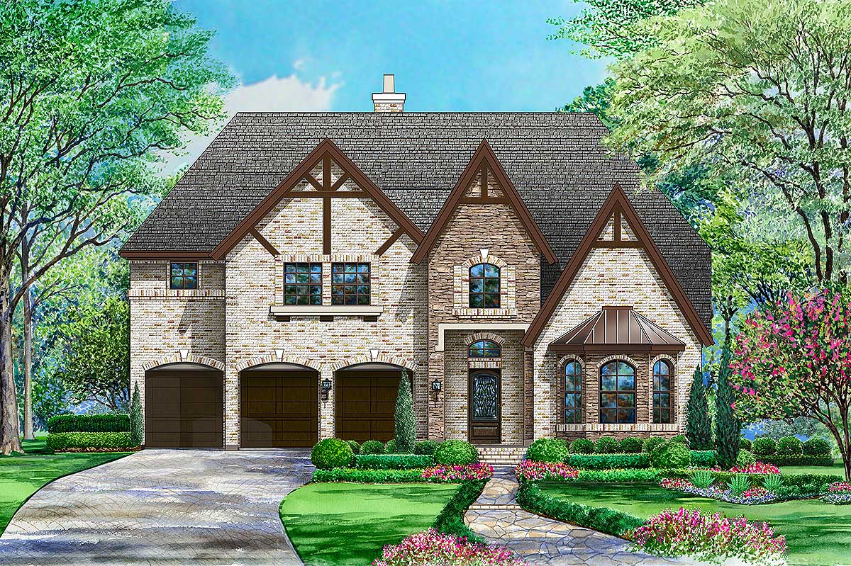 Front rendering of European home plan (ThePlanCollection: House Plan #195-1083)