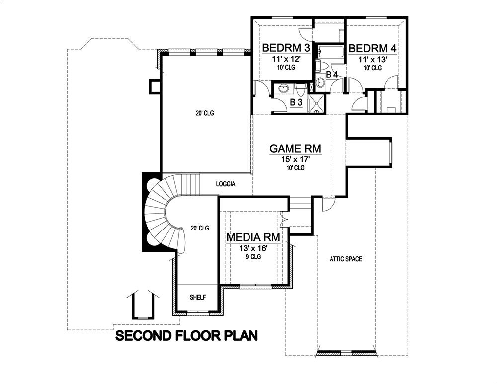 Floor Plan Second Story of Tudor Plan #195-1090