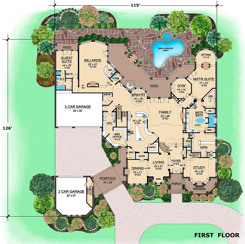 Floor Plan First Story of Mediterranean Plan #195-1094