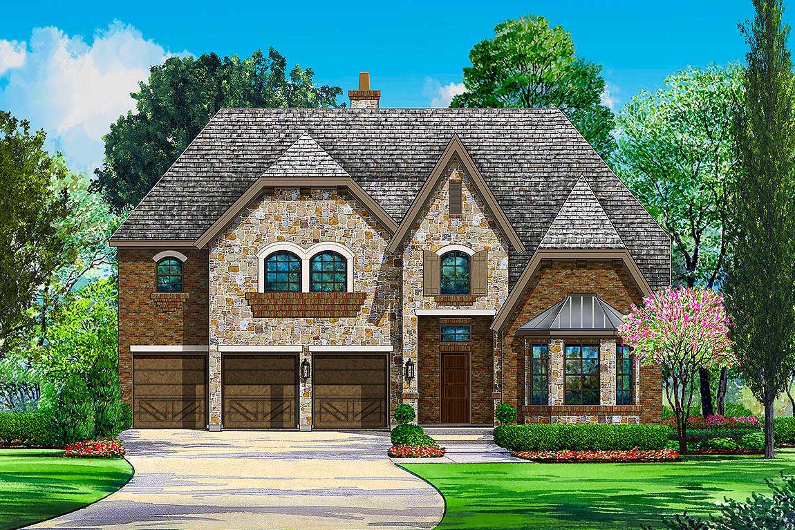 Front rendering of European home plan (ThePlanCollection: House Plan #195-1100)