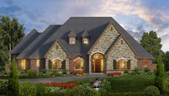Front elevation of Tudor home (ThePlanCollection: House Plan #195-1103)