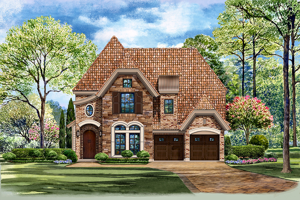 Front elevation of Tudor home (ThePlanCollection: House Plan #195-1124)