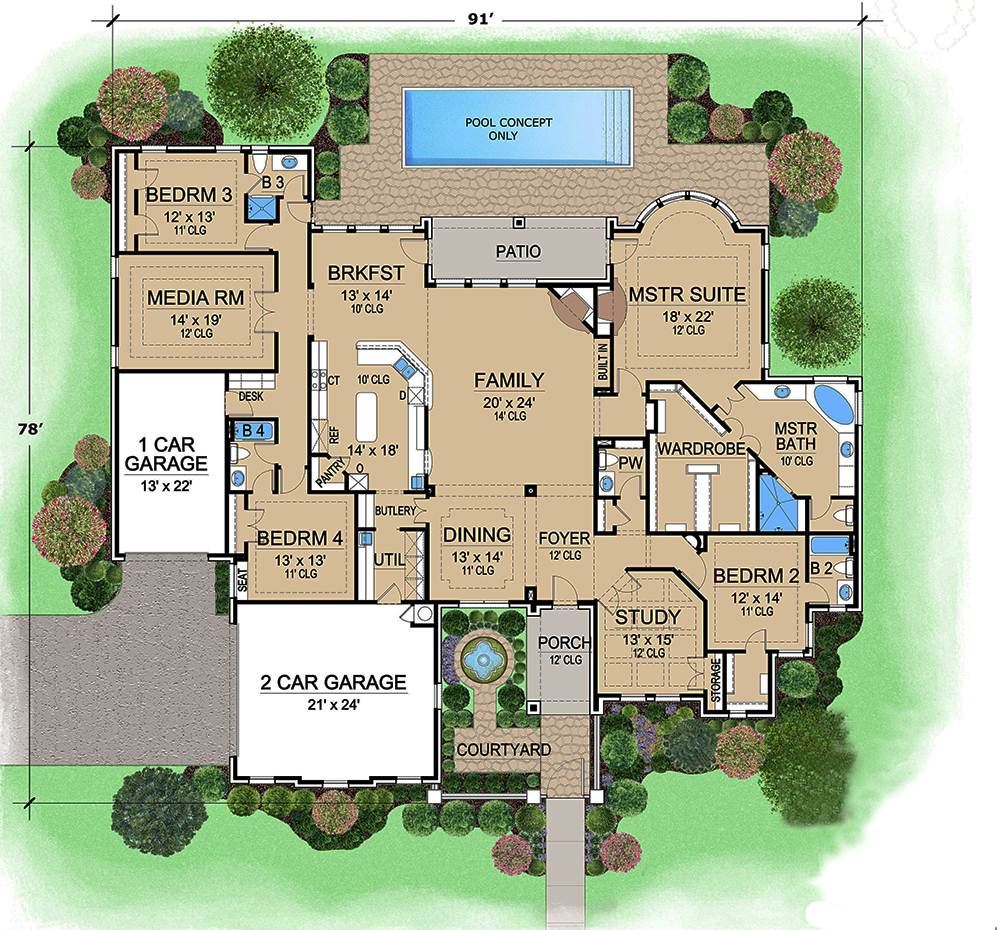 Floor Plan First Story of Tudor Plan #195-1136