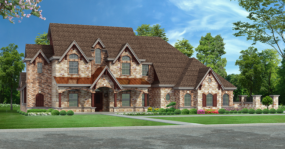 Front elevation of Tudor home (ThePlanCollection: House Plan #195-1144)