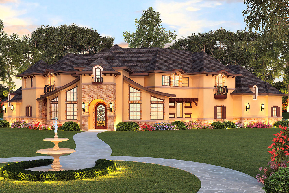 Color rendering of Luxury home plan (ThePlanCollection: House Plan #195-1150)