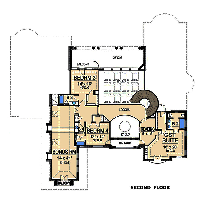 Floor Plan Second Story of Mediterranean Plan #195-1168