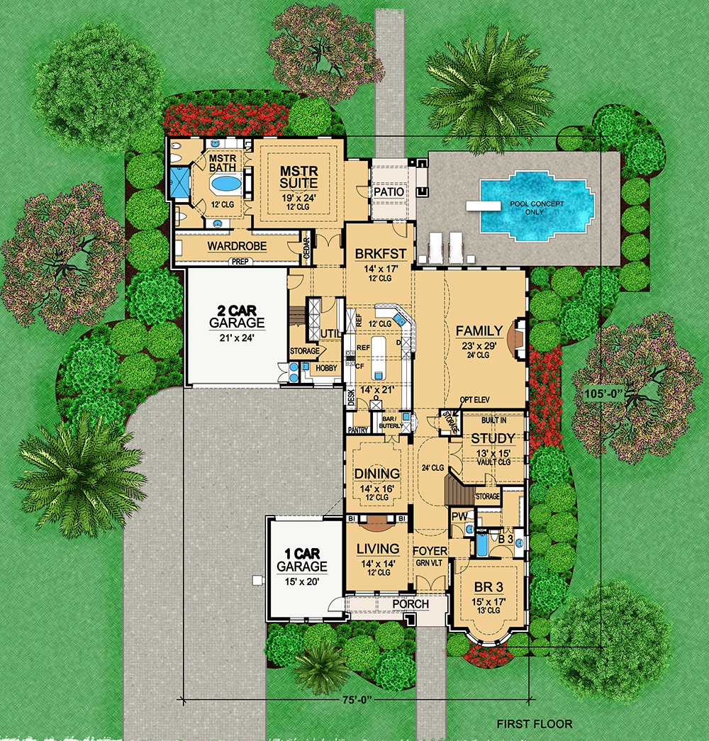 Floor Plan First Story of Mediterranean Plan #195-1170