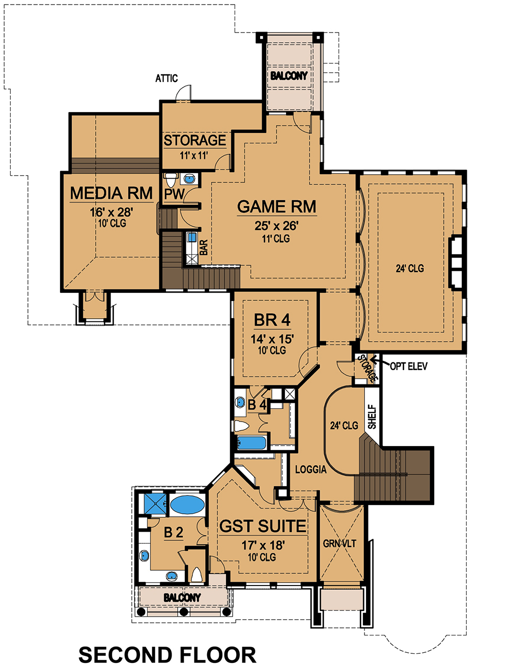 Floor Plan Second Story of Mediterranean Plan #195-1170