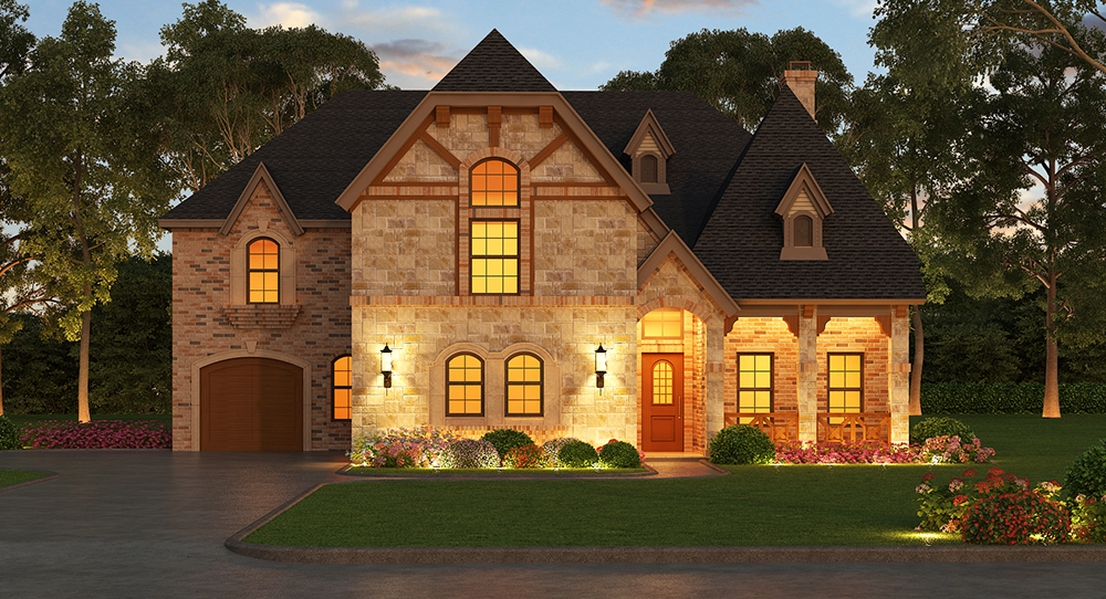 Front elevation of Tudor home (ThePlanCollection: House Plan #195-1177)