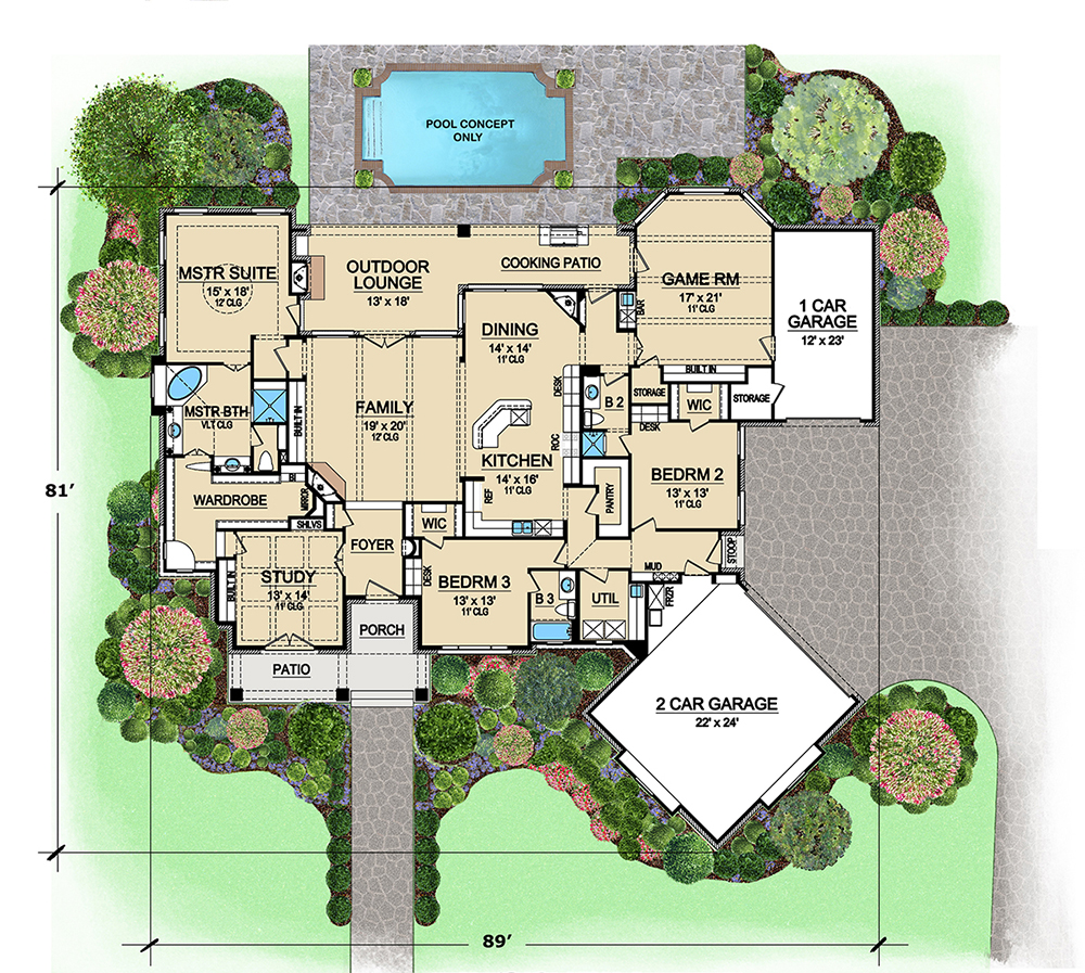 Floor Plan First Story of Acadian Plan #195-1186