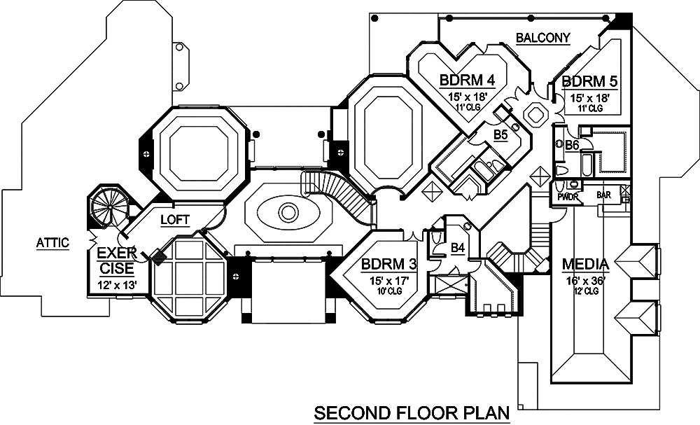 Floor Plan Second Story of European Plan #195-1190