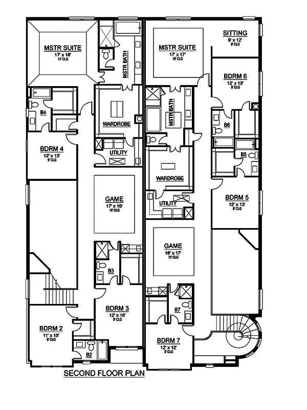 Floor Plan Second Story of Multi-Unit Plan #195-1193