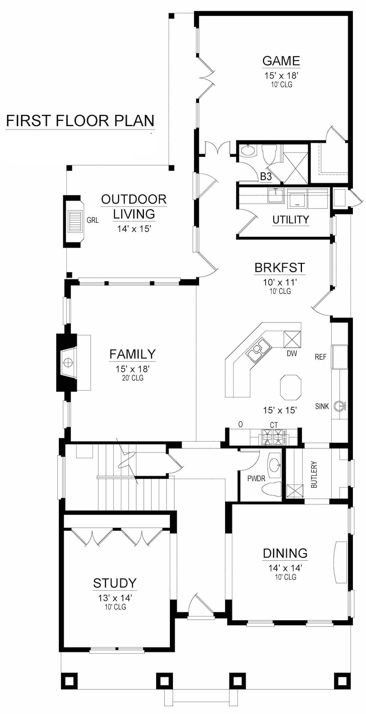 Floor Plan Main Level of Craftsman Plan #195-1198