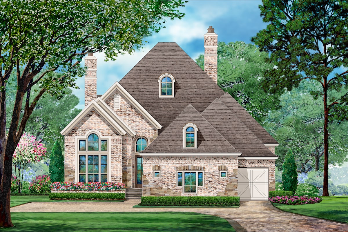Front elevation of Tudor home (ThePlanCollection: House Plan #195-1205)