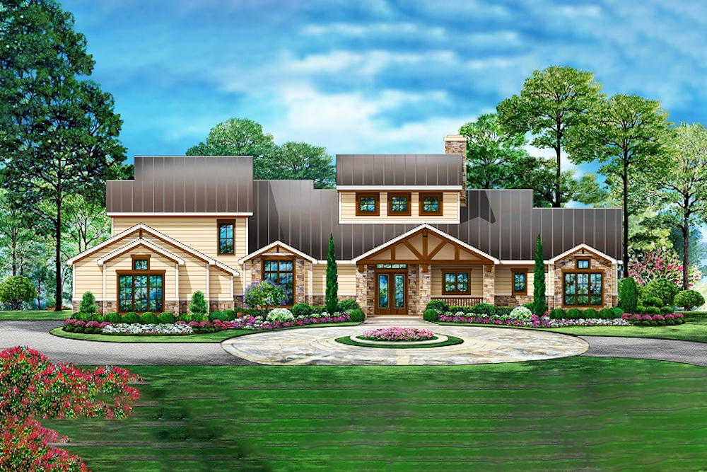 Front elevation of Craftsman home (ThePlanCollection: House Plan #195-1207)
