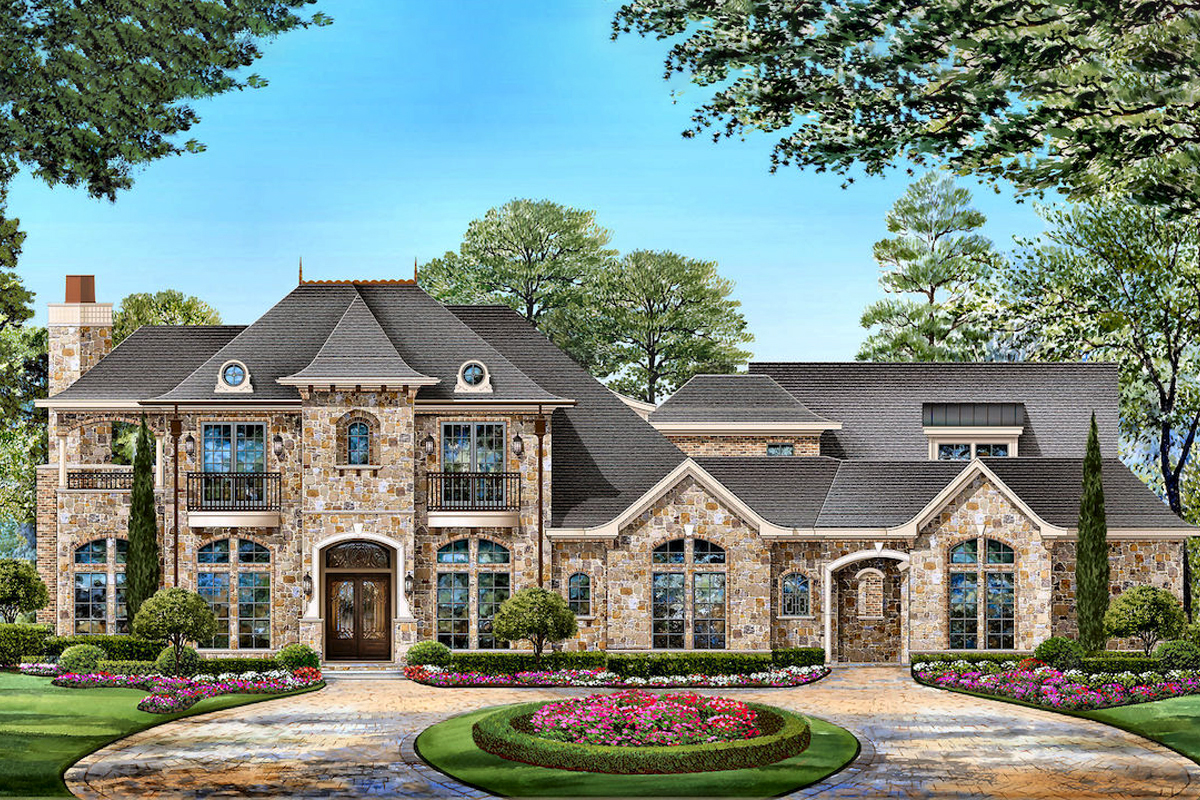 Front elevation of Tudor home (ThePlanCollection: House Plan #195-1211)