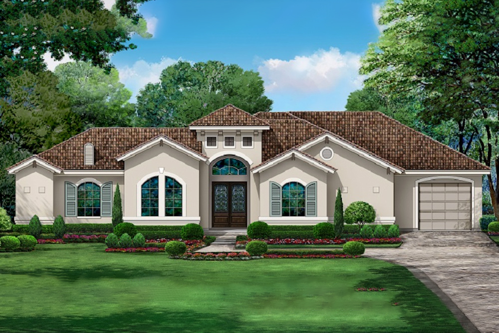 Front elevation of Mediterranean home (ThePlanCollection: House Plan #195-1214)