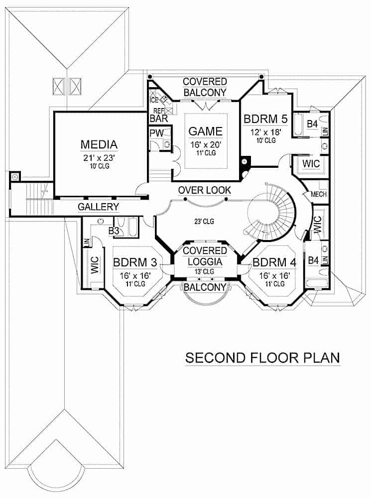 Floor Plan Upper Level of Mediterranean Plan #195-1216
