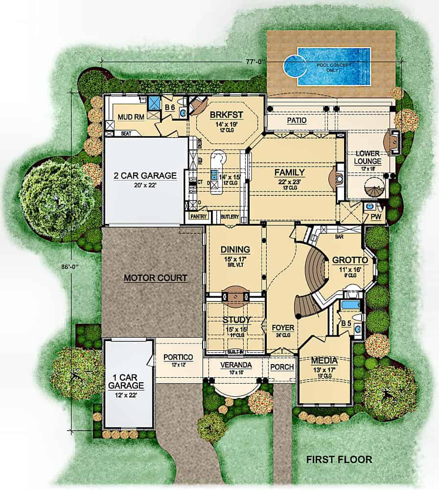 Floor Plan Main Level of Mediterranean Plan #195-1217
