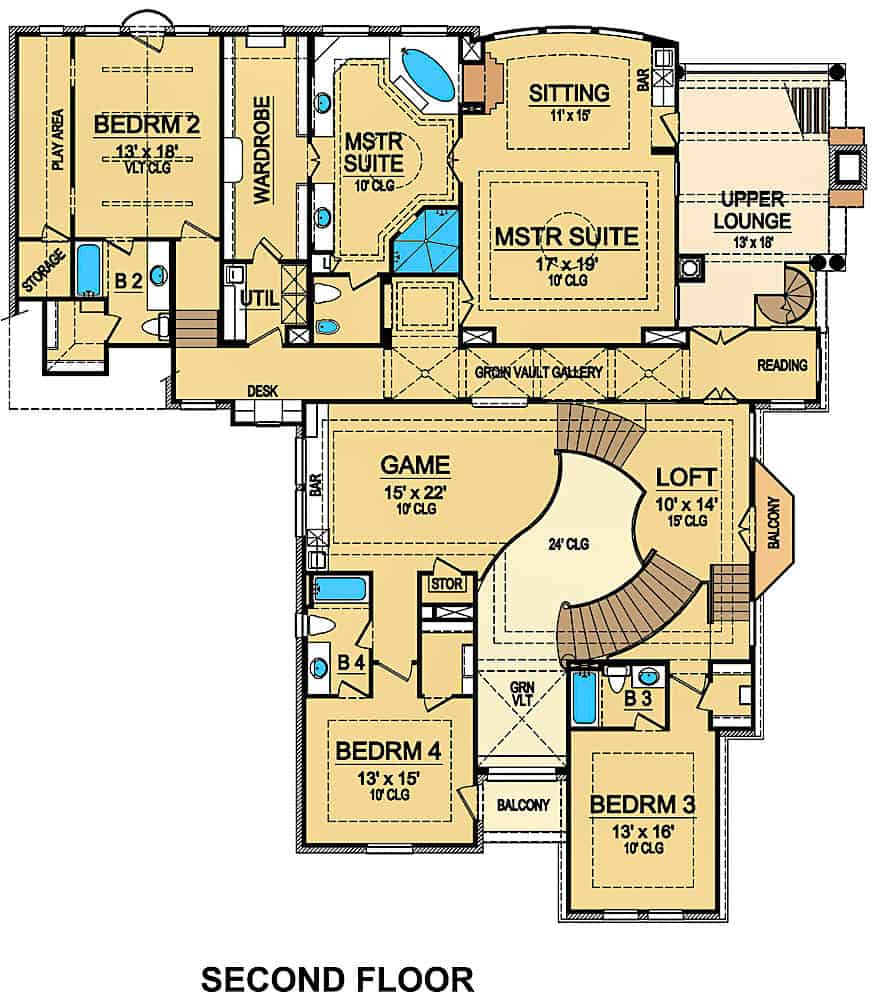 Floor Plan Upper Level of Mediterranean Plan #195-1217