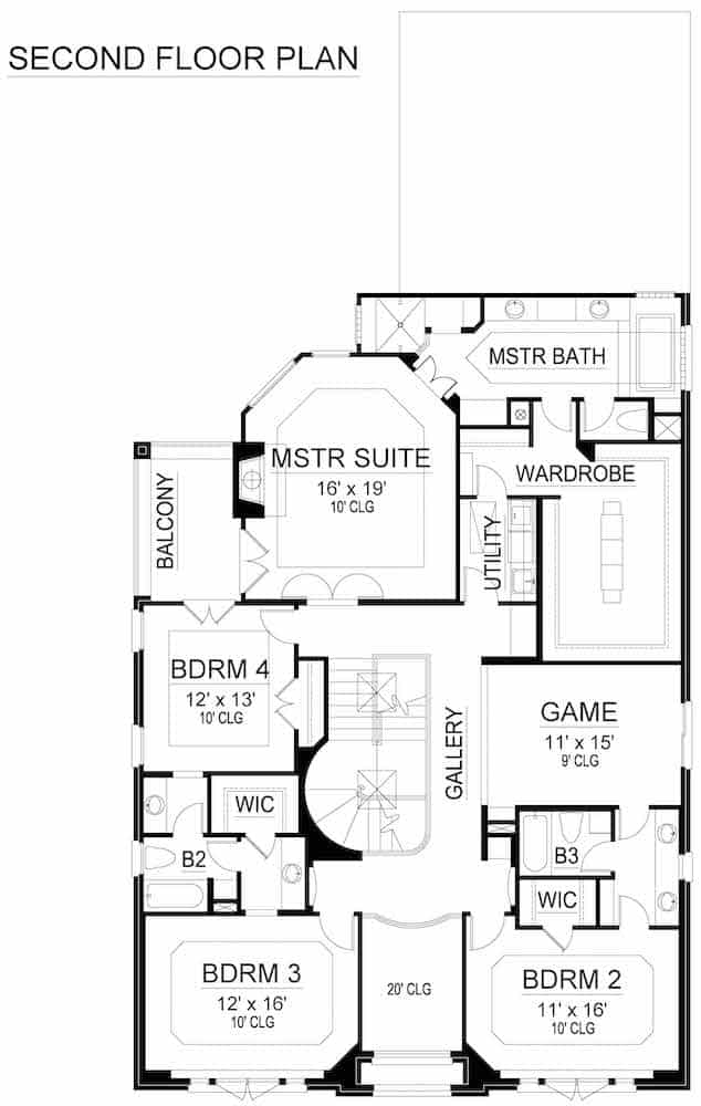 Floor Plan Upper Level of European Plan #195-1223