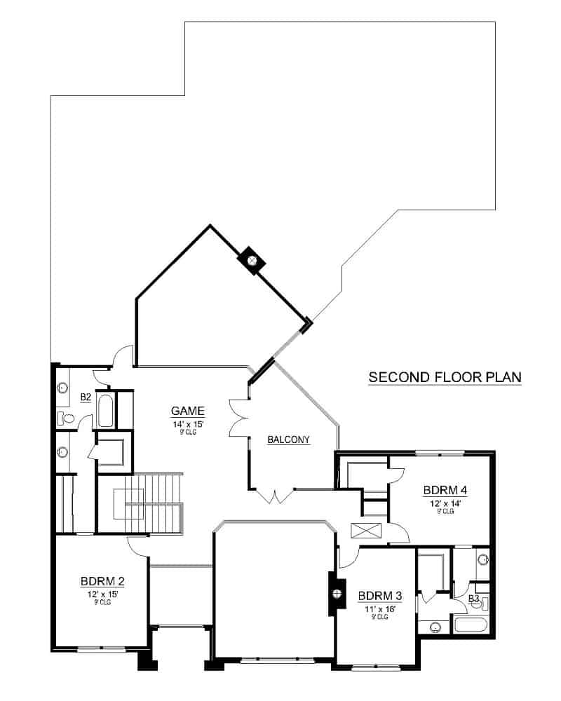 Floor Plan Upper Level of European Plan #195-1235